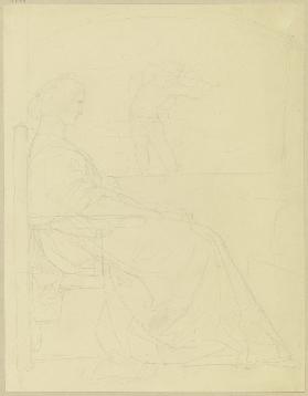 Eine Dame am Fenster sitzend, im Hintergrund ein Amorknabe (?) mit Pfeil und Bogen