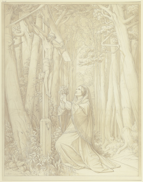 Josephine Brentano im Wald ein Kruzifix verehrend à Edward von Steinle