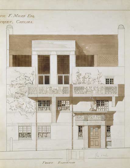 Front Elevation of Studio and House for Frank Miles (1852-91), Tite Street, Chelsea à Edward William Godwin