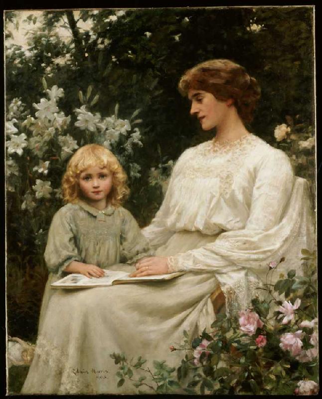 Mutter und Tochter beim Lesen eines Buches. à Edwin Harris