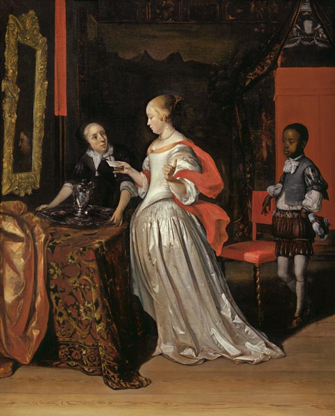 A Lady Holding A Letter Attended By A Negro Page As A Maid Places A Silver Ewer And Basin On A Table à Eglon Hendrick van der Neer