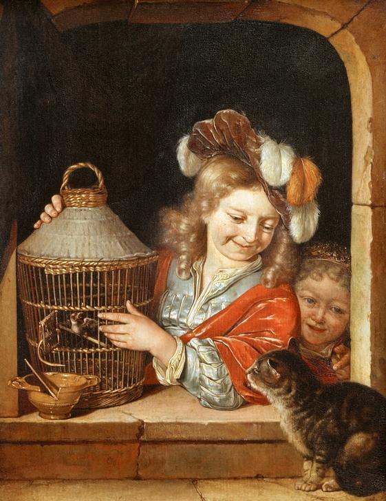 Children with Birdcage and Cat à Eglon Hendrik van der Neer
