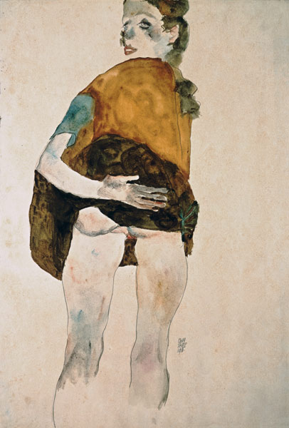 Fille debout avec la jupe élevée. à Egon Schiele