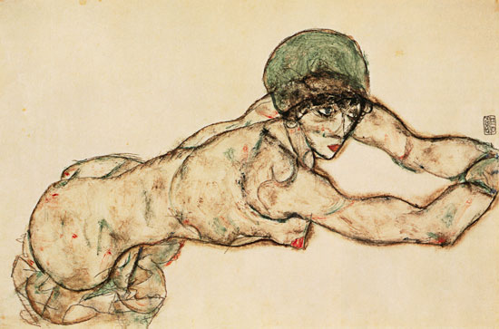 Vers la droite nu féminin allongé avec la hotte verte à Egon Schiele