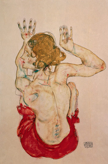 nu de dos d'une fille  étant assise sur le chiffon rouge à Egon Schiele