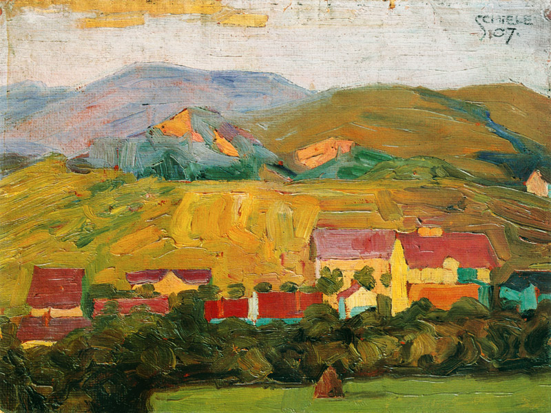 Village avec des montagnes à Egon Schiele