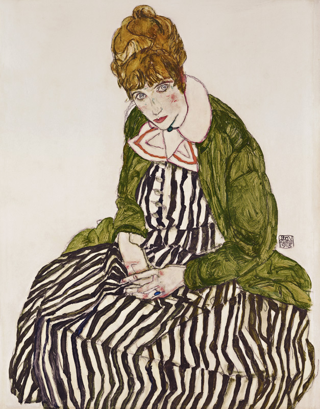 Edith Schiele in Striped Dress, Seated à Egon Schiele