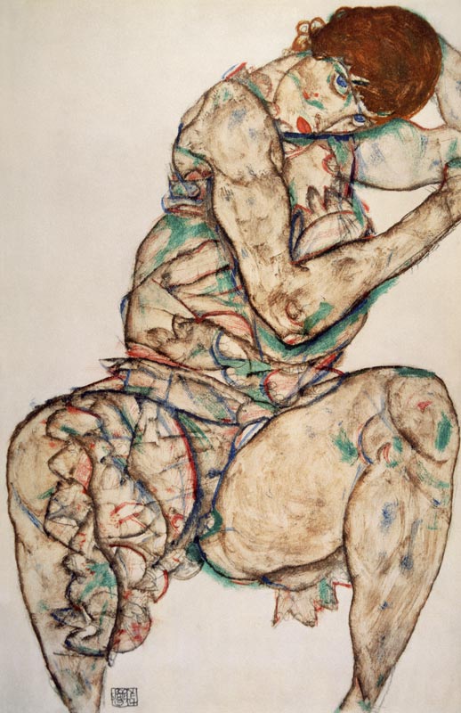 femme assise avec la main gauche dans les cheveux à Egon Schiele