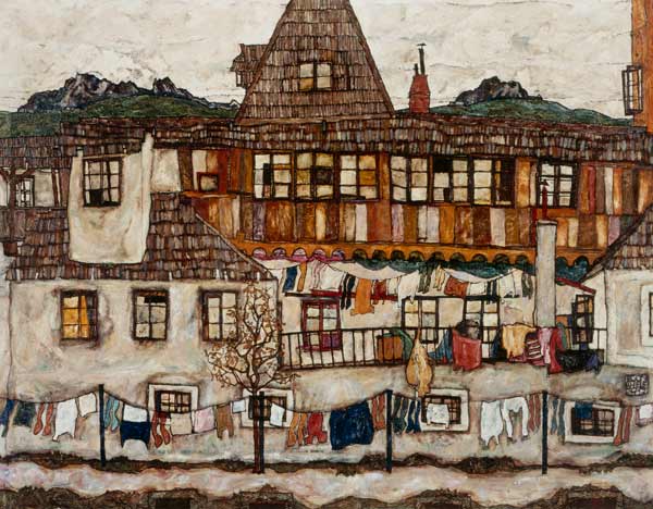 Maison avec le linge séchant à Egon Schiele