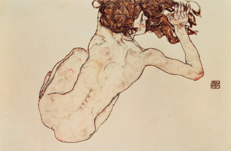 nu de dos accroupi à Egon Schiele