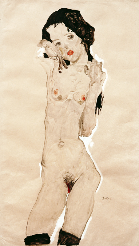 nu de fille aux cheveux noirs, debout à Egon Schiele