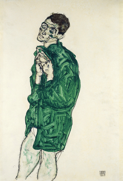 Self-portrait in green shirt with eyes closed à Egon Schiele