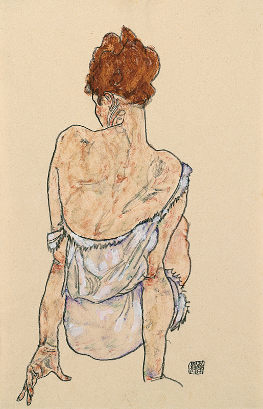 Sitzende in Unterwäsche, Rückenansicht. 1917 à Egon Schiele
