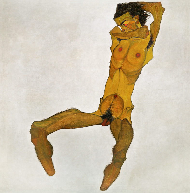 nu masculin assis (auto-portrait) à Egon Schiele