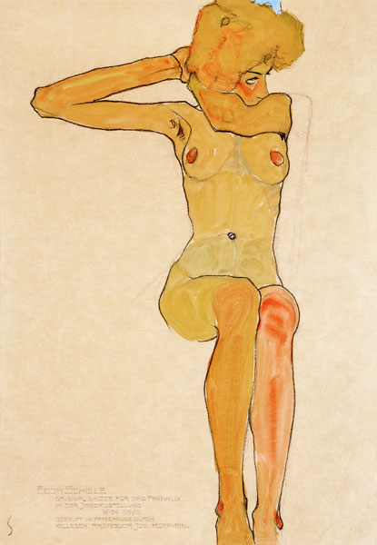 nu féminin assis avec le bras droit à demi déplié à Egon Schiele