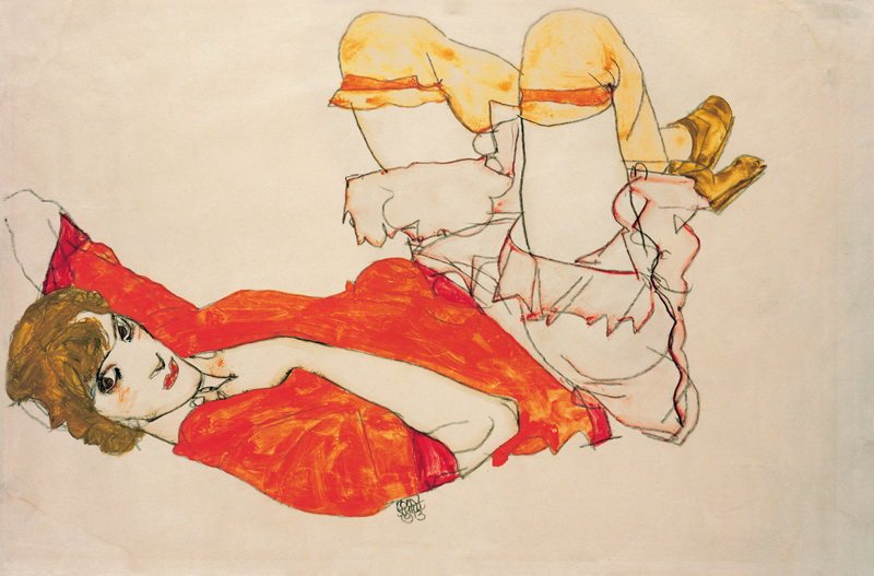 Wally dans la blouse rouge avec genoux élevés à Egon Schiele