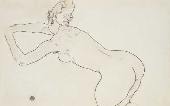 Female Nude Kneeling  And Bending Forward To The Left à Egon Schiele