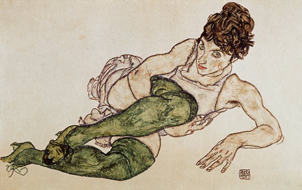Reclining woman, green tights à Egon Schiele