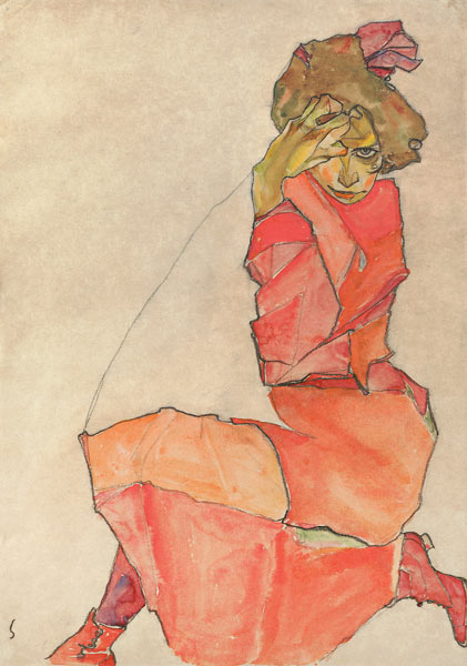 Femme agenouillée en robe orange-rouge à Egon Schiele