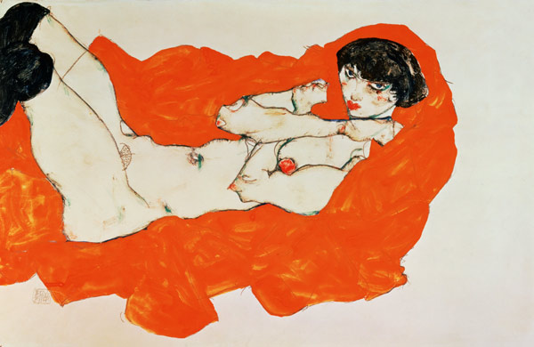 nu allongé sur une raison de couleur orange à Egon Schiele