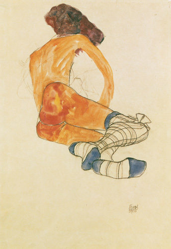 nu féminin assis avec le bas bleu, vu du dos à Egon Schiele