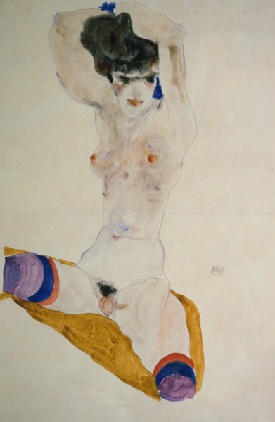 La fille nue étant assise sur la tête croiser  bras à Egon Schiele