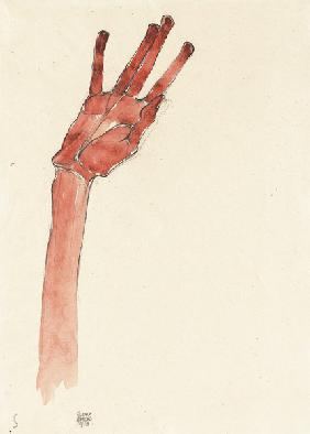Main rouge levée