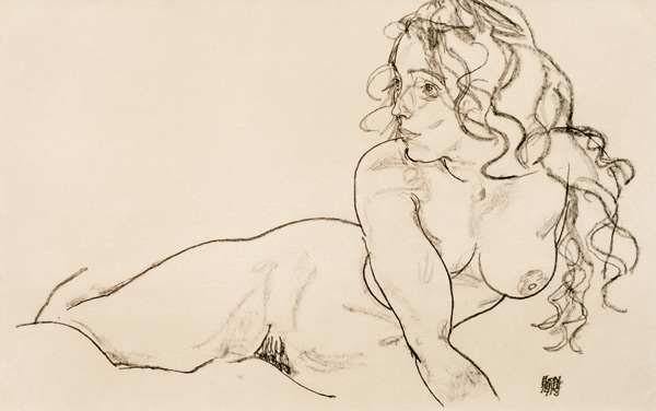 Nu féminin reposant avec de longs cheveux à Egon Schiele