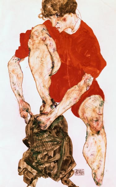 modèle féminin vêtement et pantalon rouge vif à Egon Schiele