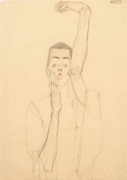 Young Man With A Raided Arm And Red Mouth à Egon Schiele