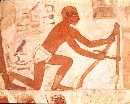 Construction of a wall, detail of a man with a hoe, from the Tomb of Rekhmire, vizier of Tuthmosis I à Egyptien