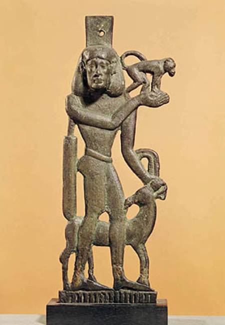 Figure of a man holding a monkey with an ibex licking his knee, Saite Period à Egyptien