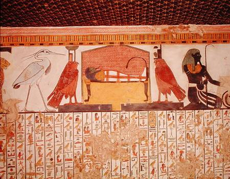 Mummy on a funeral bed with various divinites, from the Tomb of Nefertari, New kingdom à Egyptien