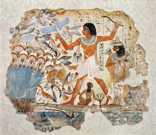 Nebamun hunting in the marshes with his wife an daughter, part of a wall painting from the tomb-chap à Egyptien