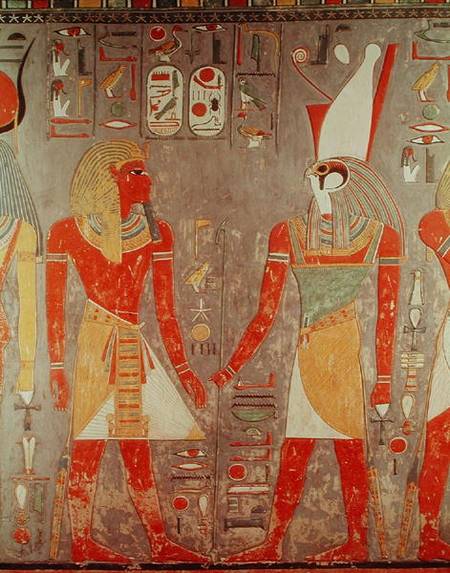Relief depicting Horemheb (c.1323-1295 BC) before Horus, from his tomb, New Kingdom à Egyptien