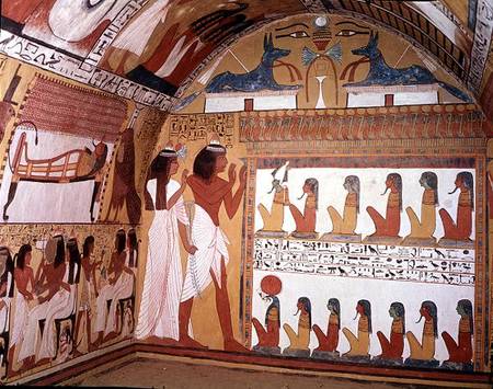 Sennedjem and his wife facing a naos containing twelve divinities, from the west wall of the Tomb of à Egyptien