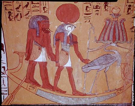 Solar barque with Re-Horakhty, the benu bird and four other deities, from the Tomb of Sennedjem, The à Egyptien