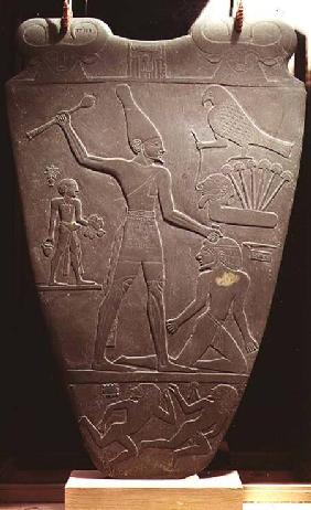 The Narmer Palette: ceremonial palette depicting King Narmer, wearing the white crown of Upper Egypt