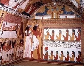 Sennedjem and his wife facing a naos containing twelve divinities, from the west wall of the Tomb of