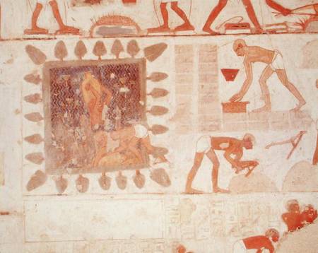 Wall painting depicting two men collecting water from a square lake surrounded by trees and slaves m à Egyptien
