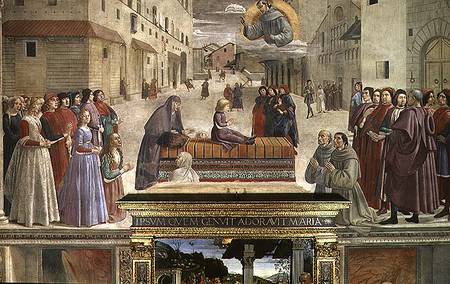 The miracle of the boy brought back to life, scene from a cycle of the Life of St. Francis of Assisi à Ghirlandaio Domenico  (alias Domenico Tommaso Bigordi)