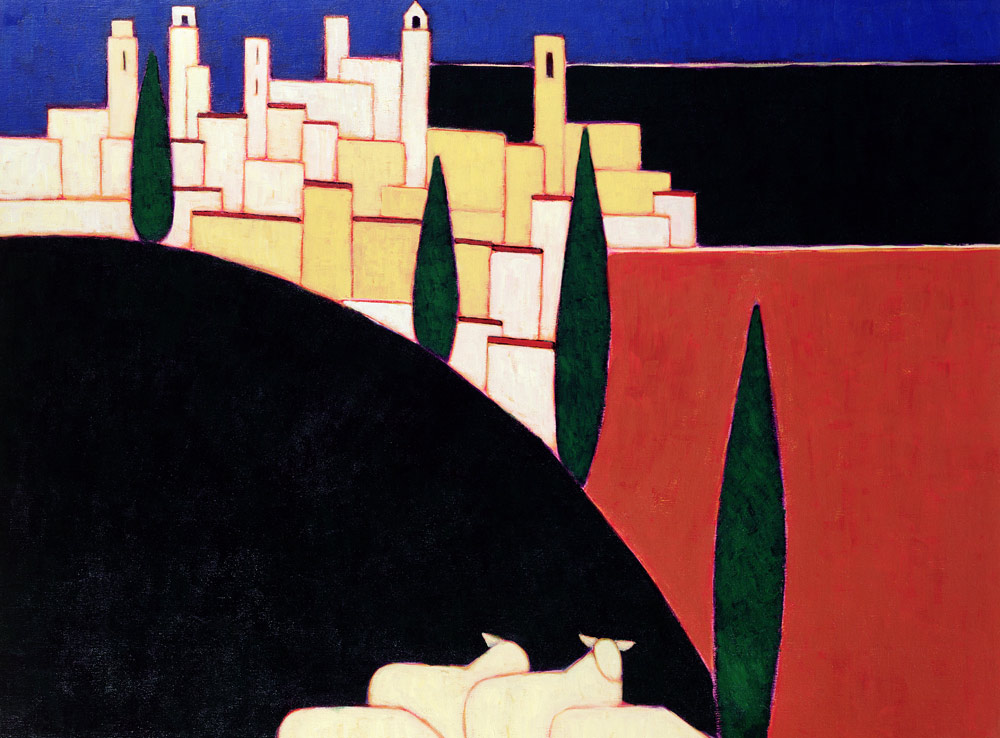 San Gimignano with Sheep, 1999 (acrylic on paper)  à Eithne  Donne