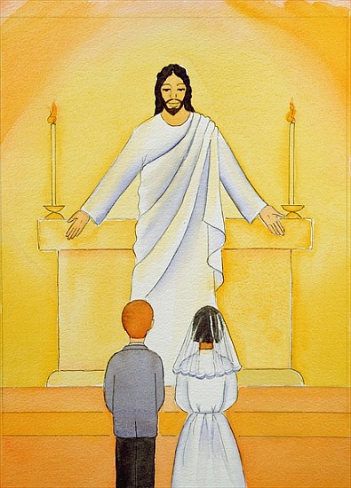 At their First Holy Communion children meet Jesus in the Holy Eucharist, 2006 (w/c on paper)  à Elizabeth  Wang