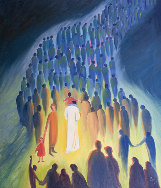 Christ walks amongst his people, with the pilgrims and the sick ones, a child on His shoulders à Elizabeth  Wang