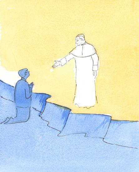 Pope John Paul stands in heaven, stretching out his hand in greeting, as we ask for his help