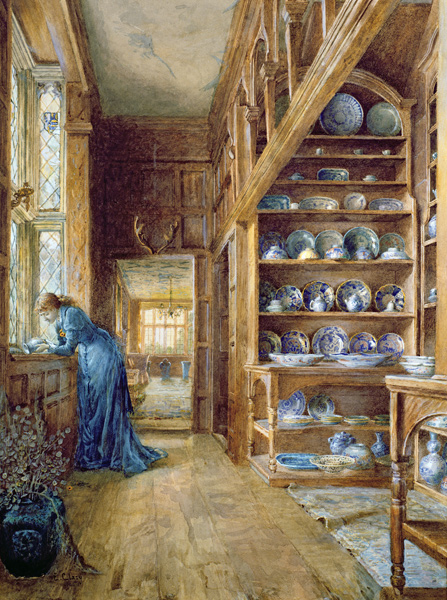 Interior of a panelled house with a collection of Imari and Blue and White Porcelain à Ellen Clacy