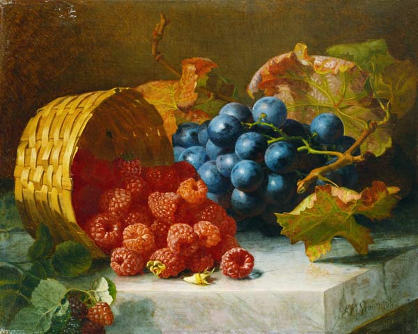 Stilleben mit Himbeeren und Weintrauben auf einer Marmorplatte à Eloise Harriet Stannard
