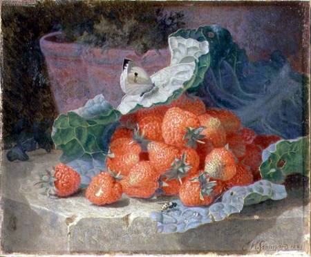 Strawberries in a Cabbage Leaf with a Flower Pot Behind à Eloise Harriet Stannard