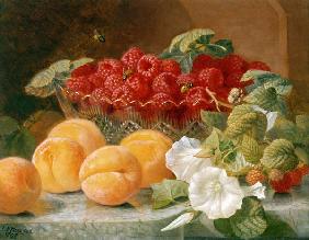 Bowl of raspberries and peaches