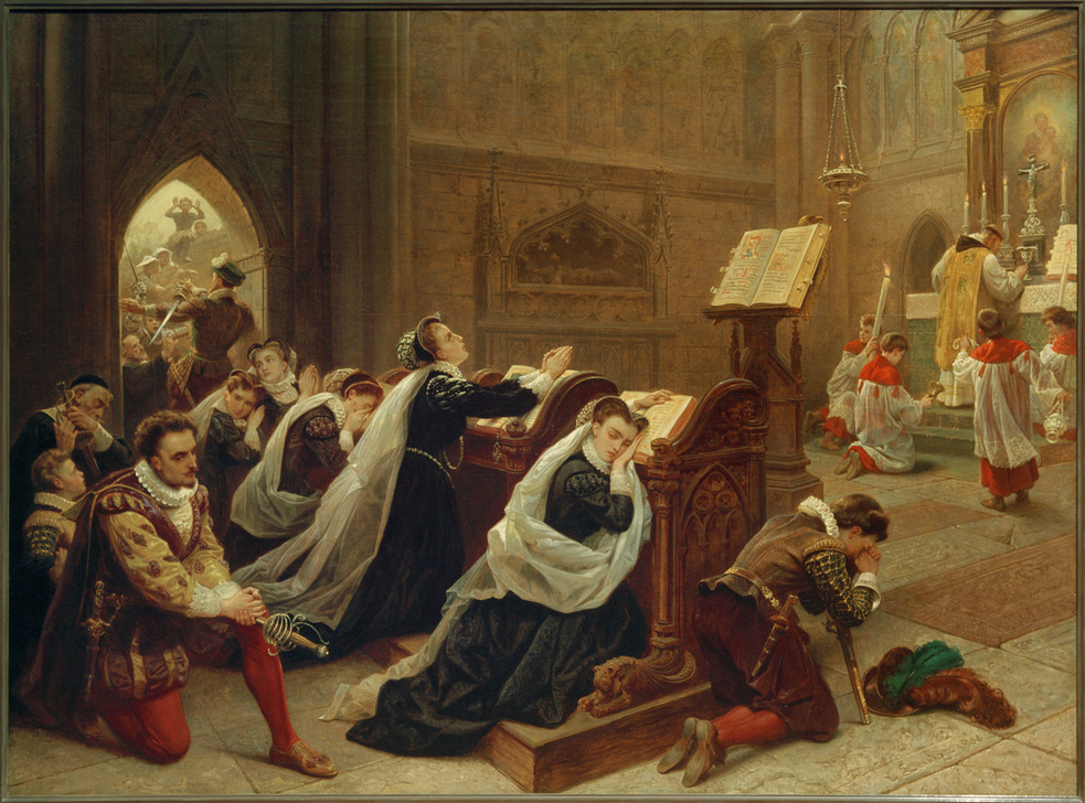 Maria Stuart nach ihrer Rückkehr aus Frankreich in Hollyroodhouse die erste Messe hörend. à Emanuel Leutze
